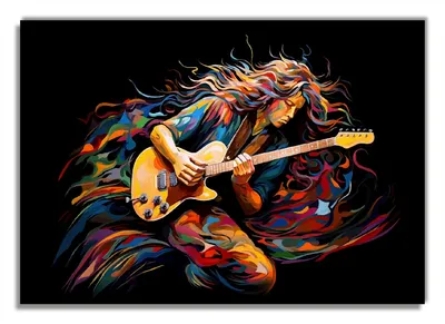 Produktbild von Wallario Premium Glasbild, freischwebende Optik, kräftige Farben, Größe 100 x 70 cm Motiv Farbiges Gitarrenspiel