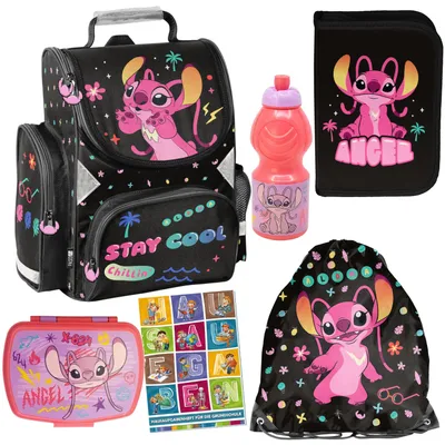 Produktbild von Schulranzen für Jungen und Mädchen, 6er-Set - Schul-Rucksack für Kinder mit Federmäppchen - Schuhbeutel Trinkflasche und Brotdose - Stitch Motiv