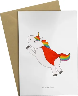 Produktbild von Mr. & Mrs. Panda Klappkarte Einhorn Super - Weiß - Geschenk, Glückwunschkarte, Grußkarten, Unicorn, Einhörner, Freundin, weihnachtskarten, hochzeitskarten, Held
