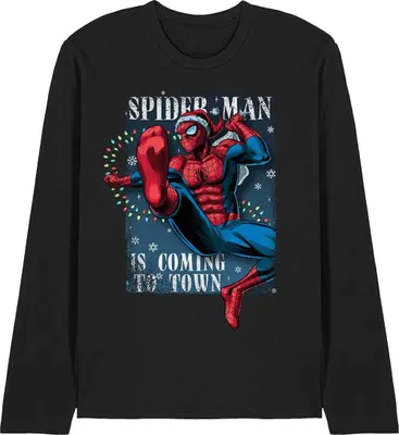 Produktbild von Spider-Man - "Is Coming To Town" T-Shirt für Herren/Damen Uni, weihnachtliches Design, Langärmlig TV26374 (XL) (Schwarz)