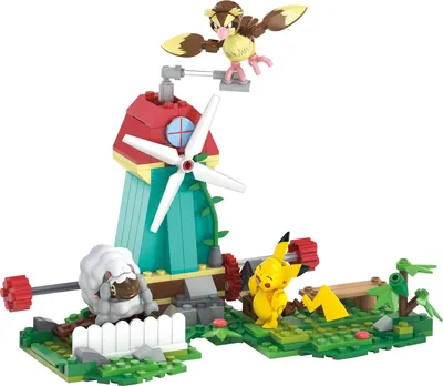 A toy construction set depicting a windmill farm with Pokémon figures.