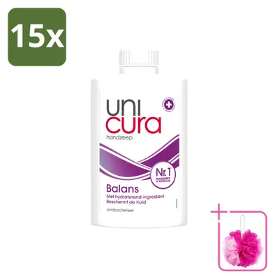 Imagen del producto de 15 unidades de recambio de jabón líquido Unicura Balans, 250 ml cada uno, pack económico