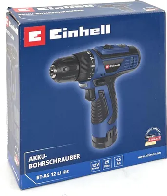 The image shows the retail packaging of a cordless drill.