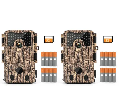 Produktbild von 2 Stück 4K Wildtierkamera mit Bewegungsmelder Nachtsicht,120° Erfassungswinkel Wildkamera mit 32GB Karte & 8 Batterien Outdoor & Sicherheit Jagdkamera