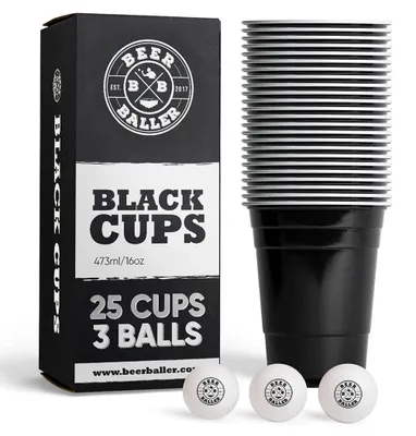 Bierpong-Becher-Set, 25 schwarze Becher + 3 Bälle, 473 ml