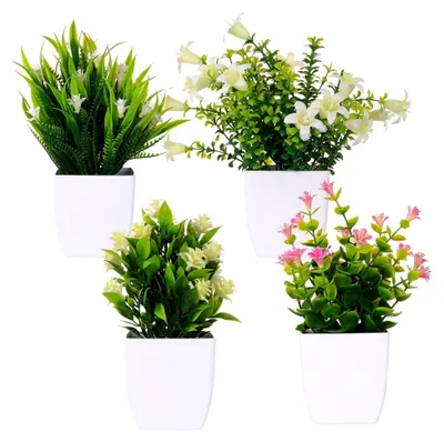Produktbild von 4 Stück Kleine Kunstpflanzen mit Topf, Dekorative Künstliche Pflanzen im Topf, Gefälschte Pflanzen und Kunstblumen, Plastikpflanzen für Ästhetische Dekoration im Badezimmer, Schlafzimmer und Zuhause (Weiß)