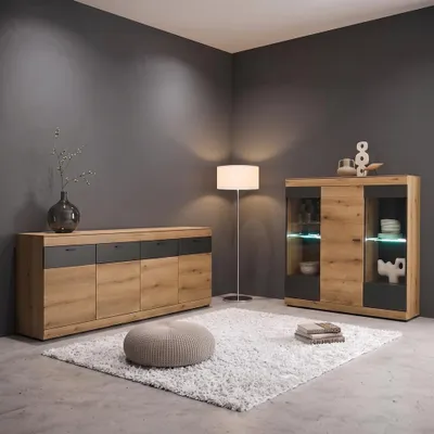 Produktbild von Esszimmer-Set mit Sideboard & Highboard, inkl. Beleuchtung, Eiche mit Graphit, modern, 2-teilig - SANZA-61