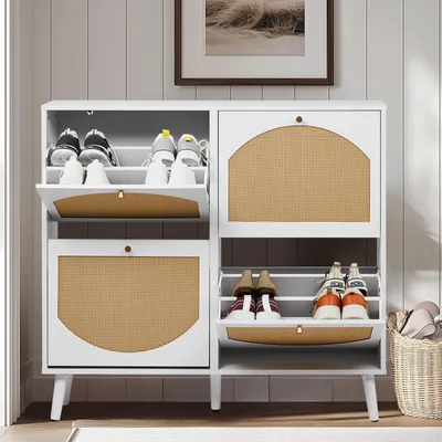 Zdjęcie produktu dla Szafka na buty FCH z 4 klapami, regał na buty z rattanu do przedpokoju, korytarza lub salonu, 105 x 24 x 98 cm, biały + naturalny