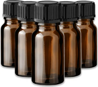 Produktbild von 5x Glasflasche braun 10 ml mit schwarzem Schraubverschluss Nachfüllbar