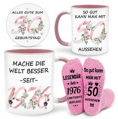Produktbild von Geschenkset 50. Geburtstag Tasse Socken Untersetzer Rosa Keramik Silikon 1976