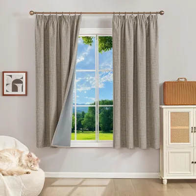 Image de Rideaux occultants 100% avec galon froncé - 160 x 140 cm (lot de 2) - Aspect lin, totalement opaques