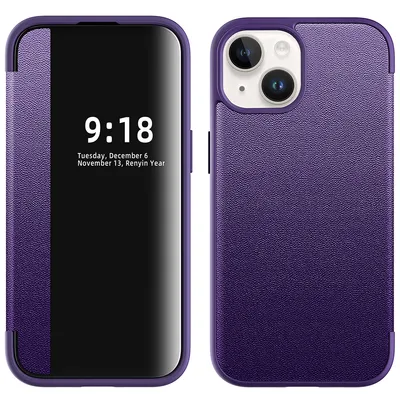 Obrázek produktu pro Pouzdro pro iPhone 15 tenkéPolyuretankožené klopové pouzdro s okénkem pro zobrazení Fialová