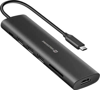 Produktbild von Swissten, USB-C zu USB-C 100W Hub + HDMI + USB + Kartenleser SD/Micro-SD, Schwarz