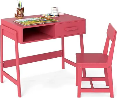 Produktbild von Kinderschreibtisch mit Stuhl Set, Kinderschreibtischset mit Schublade, Kiefernholzbeine, Kindersitzgruppe Jugendschreibtisch Schülerschreibtisch für Kinder, 85 x 48 x 70 cm (Rosa)