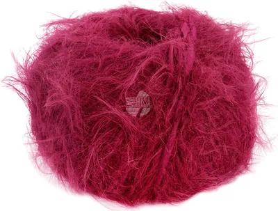 A ball of fluffy, pinkish-red yarn is shown against a white background.