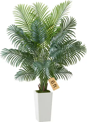 Produktbild von VEVOR Künstliche Areca-Palme, 1,8 m, künstliche tropische Palmenpflanzen mit weißem Pflanzgefäß, Kunstseidenpflanze im Topf, Kunstbaum für Veranden, Wohnzimmer, Terrassen, Zuhause, Büro