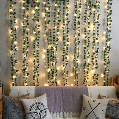 Produktbild von 4 Stück Künstlich Efeu Lichterkette Innen, 2M 20 LEDs Lichterkette mit Blättern, Efeugirlande Lichterkette Batteriebetrieben, Dekoration Bücherregal Schlafzimmer Wand,Warmweiß