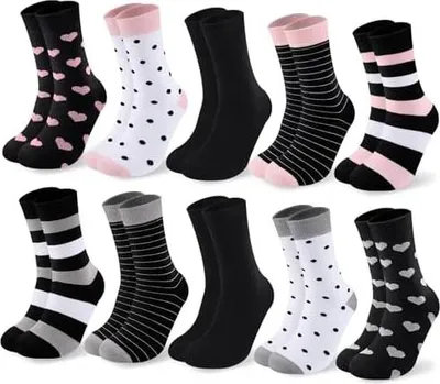 Produktbild von Socken Damen 10 Paar,Bunte Baumwollsocken 39-42, Lange Strümpfe, Atmungsaktiv & Bequem, Winter Sportsocken, Streifen Punkte Muster