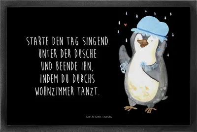 Produktbild von Mr. & Mrs. Panda Bodenvorleger Pinguin Duschen 40 x 60 cm - Schwarz - Geschenk, bodenmatte, Gummimatte, Schmutzmatte, Lebensmotto, Singen, Schmutzfangmatte, Duschkonzert