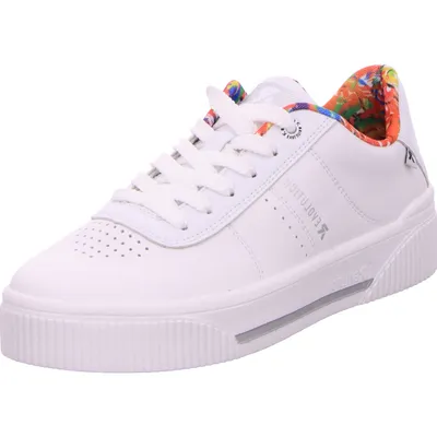 A white sneaker with colorful accents on the inside lining and laces.