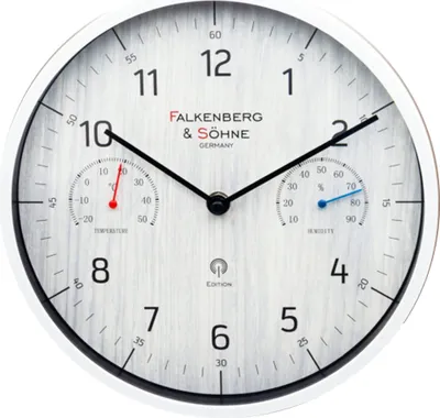 Produktbild von Falkenberg & Söhne Funkwanduhr Lautlos ohne Ticken japanisches Quarzuhrwerk 25 cm DCF77 Funkuhr hochwertiges Zifferblatt Weiß Thermometer Hygrometer Luftfeuchtigkeit Temperaturanzeige