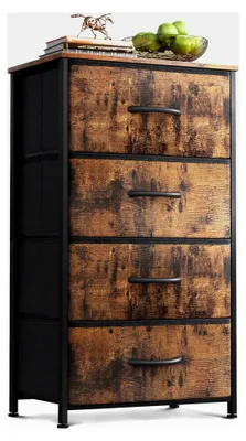 Produktbild von Schmale Kommode mit 4 Schubladen, Kleine Kommode mit Stoffschubladen, Stabiler Stahlrahmen, Holzplatte, Für Schlafzimmer und Wohnzimmer, Retro