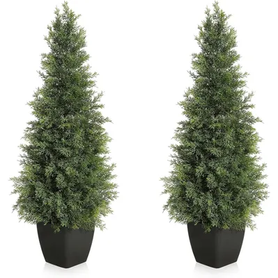 Zdjęcie produktu dla Sztuczna topiary z cedru/cyprysu – drzewko w doniczce – zestaw 2 sztuk – 91 cm – odporne na promieniowanie UV – do wnętrz i na zewnątrz – świąteczna dekoracja na werandę