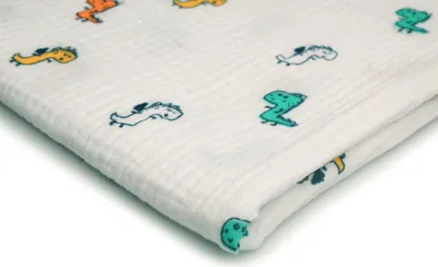 Produktbild von Baumwoll Musselin Stoff mit Aufdruck, Double Gauze, Bunte Dinosaurier 50 x 130 cm