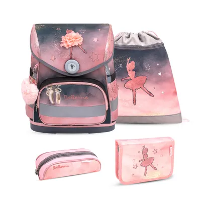Belmil Compact ergonomisches Schulranzen-Set 4-teilig "Ballerina Black Pink" mit Brustgurt, Magnetve