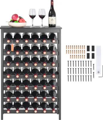 A wine rack with bottles, glasses, and fruit on top, along with hardware for assembly.