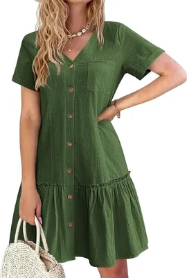 Obrázek produktu pro ASKSA Dámské letní šaty Button Down lněné šaty plážové šaty neformální V-Neck Mini šaty krátký rukáv A-Line šaty volán Wrap šaty (armádní zelená,L)