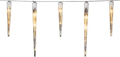 A string of LED icicle lights against a white background.