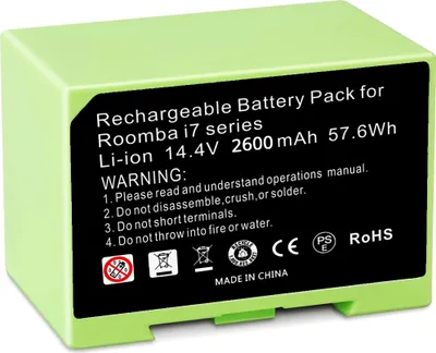 A green rechargeable battery pack for a Roomba i7 series robot vacuum cleaner.
