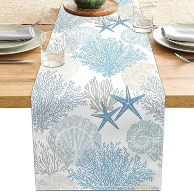 Produktbild von Linnen Tischdecke mit Küstenmotiv, 13x71 Zoll, blaugrün, Sommerstrand, nautisch, modern, Gartentisch, Esszimmer, rustikale Wohnzimmertisch, Wohnzimmer, Urlaub, Partydekoration