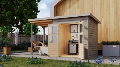 Produktbild von Karibu Gartenhaus Gerätehaus Merseburg 3 mit Anbaudach vorvergraut 370x154x219 cm