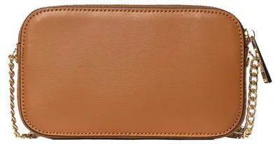 Imagen del producto de Bolso de cuero genuino color coñac con correa de hombro de cadena dorada, fabricado en Italia