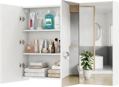 Obrázek produktu pro Nástěnná koupelnová zrcadlová skříňka, 87 cm, 3 dveře, 6 polic