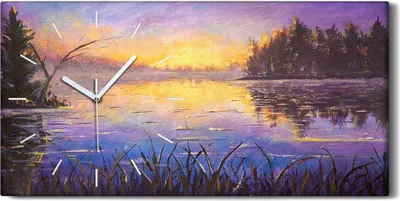 Produktbild von Wanduhr Uhr Wandbild Leinwand Geräuschlos 60x30 Malerei See Sonnenaufgang - weiße Hände