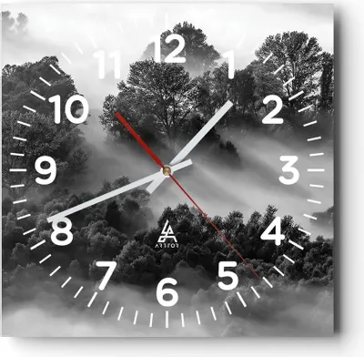 Produktbild von Wanduhr - Quadrat - Glasuhr - Schwarzweiß Bäume Nebel - 40x40cm - Schleichendes Uhrwerk - Lautlos - zum Aufhängen bereit - Dekoration Modern - Wanddekoration aus Glas - C4AC40x40-4510