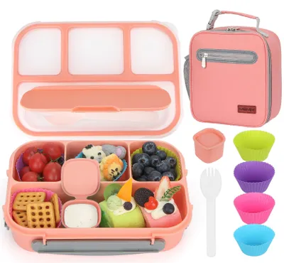 Bento Box Lunchbox mit 4 Fächern + Tasche, Rosa