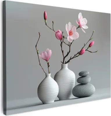 Produktbild von MuchoWow® - Leinwandbilder - Magnolie - Blumen - Rosa - Zen-Steine, Wandbild, Wanddeko Bilder Wohnzimmer, 80x60 cm