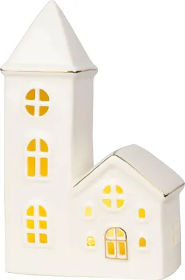 Zdjęcie produktu dla Dekoracja MagicHome, domek z kościółkiem, oświetlenie LED, biała, porcelana, 11,2 x 5,5 x 17,4 cm