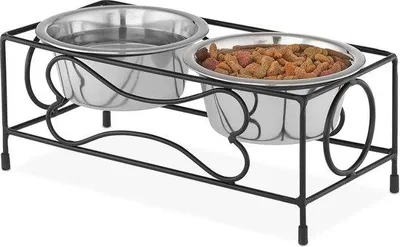 Produktbild von Famanu Futterstation Antirutsch mit Halter - 2 Edelstahl Näpfe - 800 ml jeweils - schwarz/silber