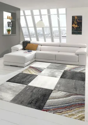 Image de Tapis moderne tapis salon design carreaux gris or rouge taille - 120 x 170 cm