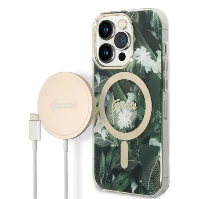Produktbild von Guess Bundle Pack MagSafe IML Jungle - MagSafe iPhone 14 Pro Max Hülle + Ladegerät Set (Khaki/Gold)