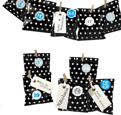 Produktbild von DIY Adventskalender zum Befüllen Bescherung, Papiertueten flach 13x16,5cm, schwarz Stern, Ziffern blau