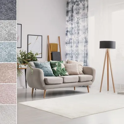 A living room scene with a sofa, pillows, a ladder, and a floor lamp, showcasing different rug colors in a collage format.