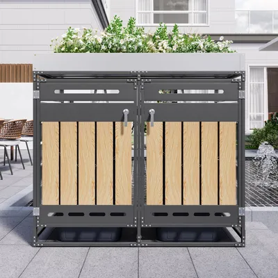 Image de Cache-poubelle en fer noir à 2 compartiments avec jardinière intégrée, panneaux verticaux effet bois, ventilation, portes verrouillables et chaîne de sécurité
