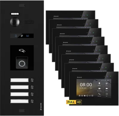 Produktbild von BALTER EVO HD Schwarz RFID/Fingerprint 8x7" Schwarz Video Türsprechanlage Set 4 Familienhaus