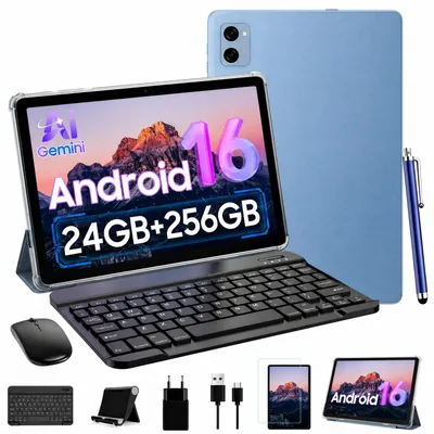 Imagen del producto de TABWEE T20, tablet Android 16 de 10.1 pulgadas, con 24 GB de RAM (8 + 16) y 256 GB de almacenamiento interno (ampliable a 2 TB con tarjeta TF), accesorios incluidos, compatible con Widevine L1, conexión 5G WiFi, y tecnología Gemini AI